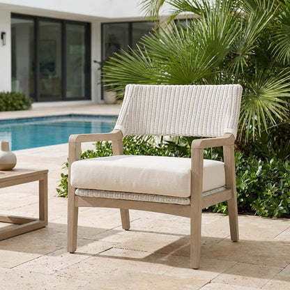 Transitional Outdoor Club Chair with Washed Ever Teak Finish, Performance Fabric