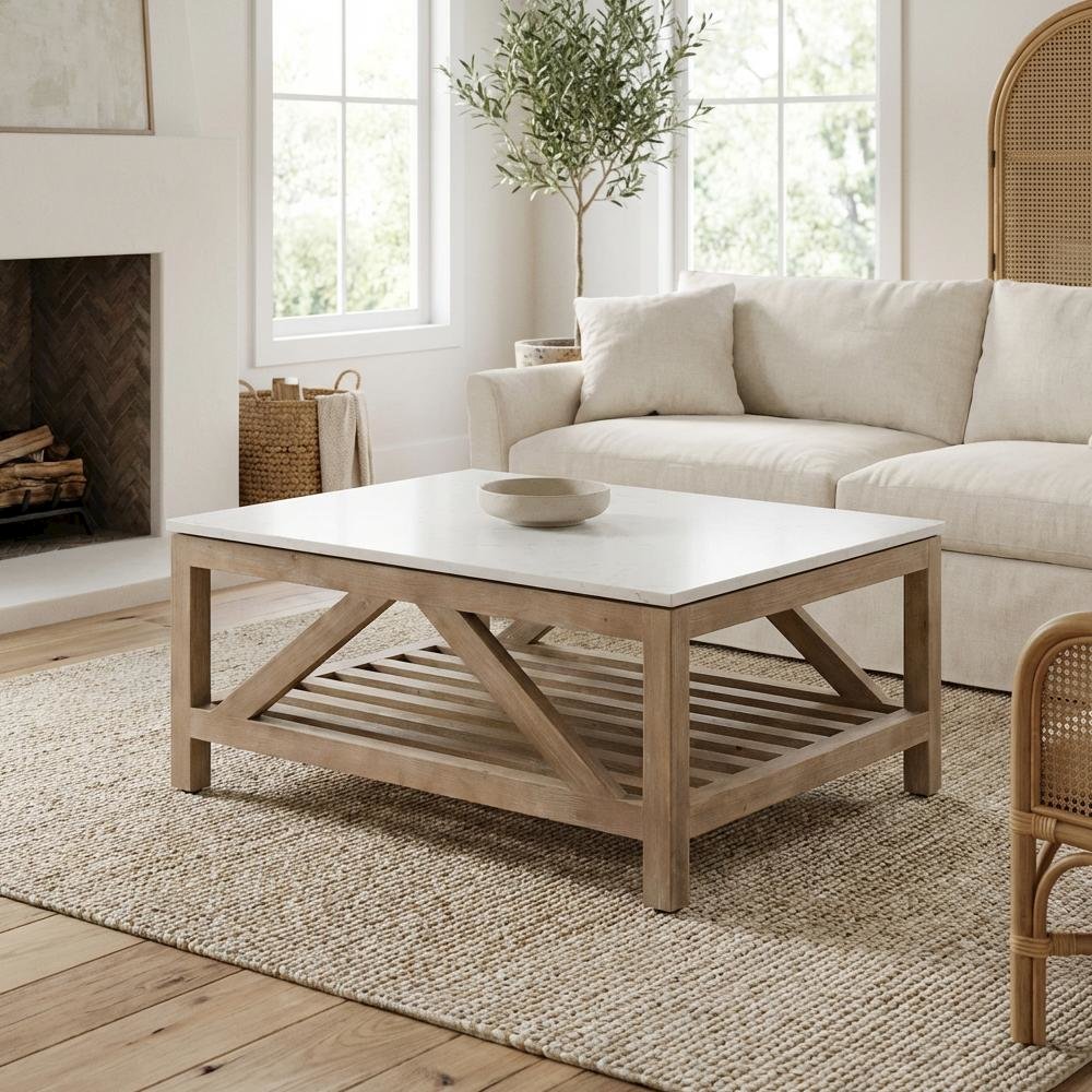 Gray Solid Pine Wood Coffee Table with Quartz Top and Open Shelf