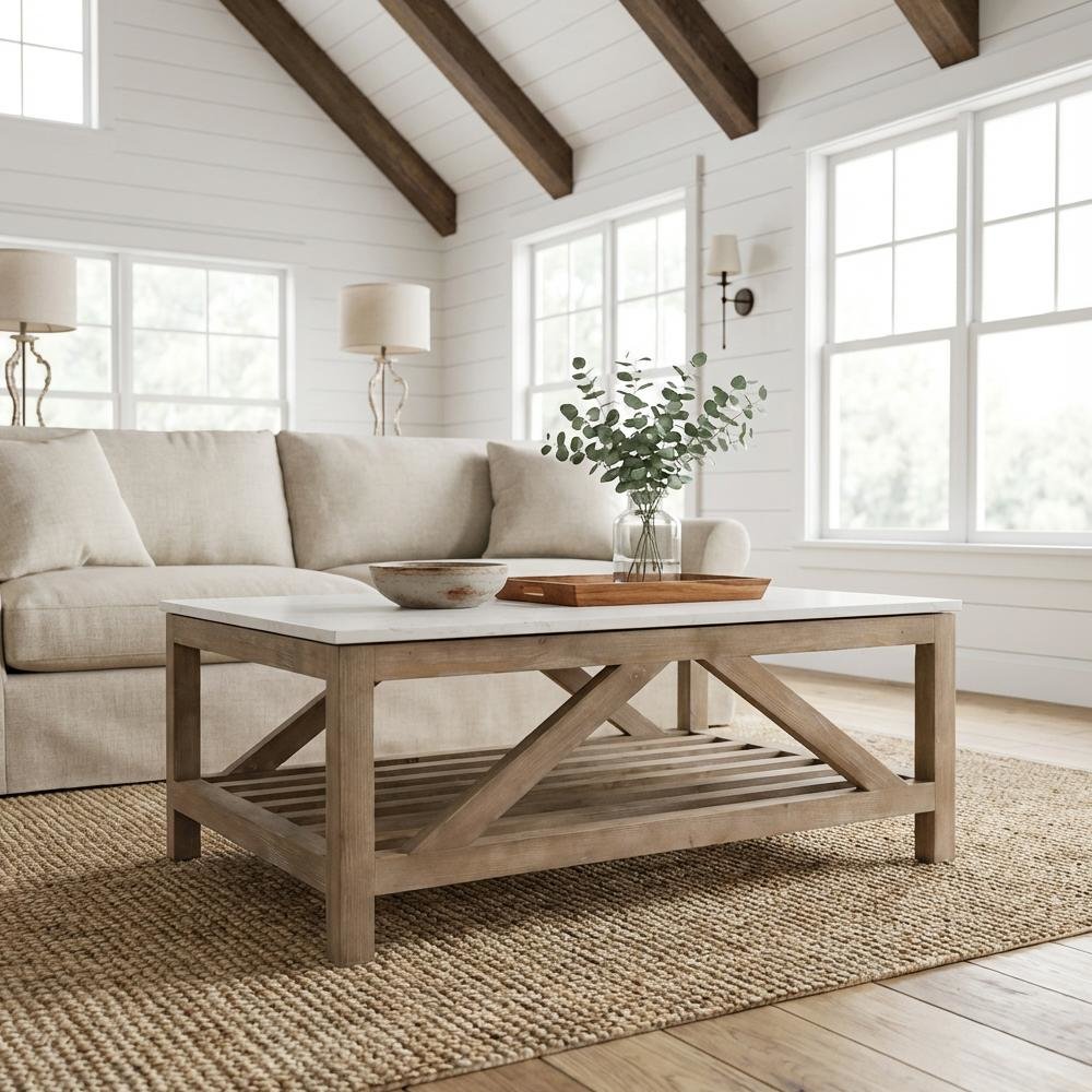 Gray Solid Pine Wood Coffee Table with Quartz Top and Open Shelf