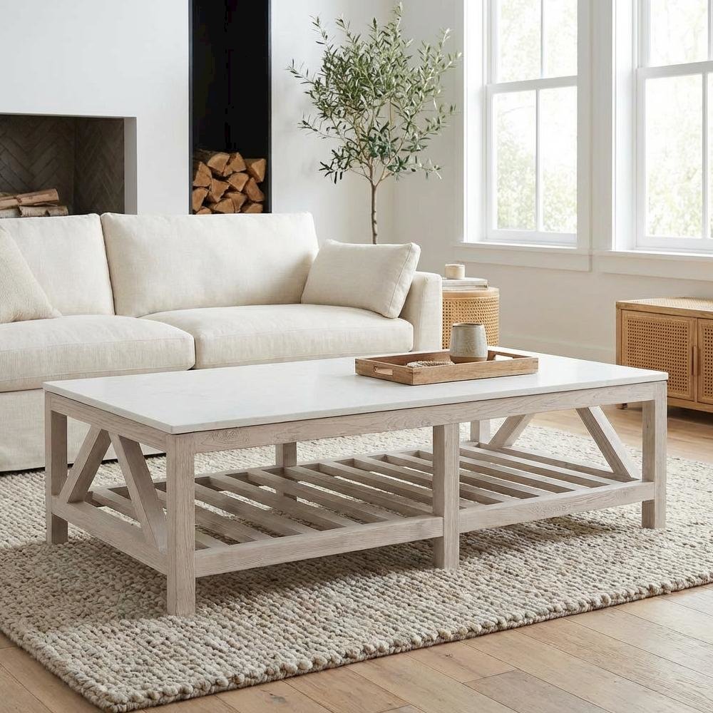 White Pine Wood Coffee Table with Quartz Top and Storage Shelf