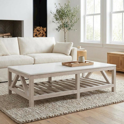 White Pine Wood Coffee Table with Quartz Top and Storage Shelf