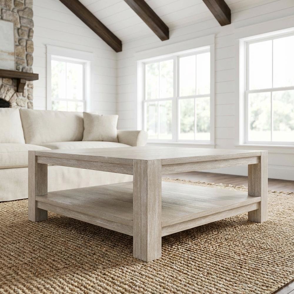 Gray Transitional Square Coffee Table, Solid Beed Wood Frame and Shelf Storage