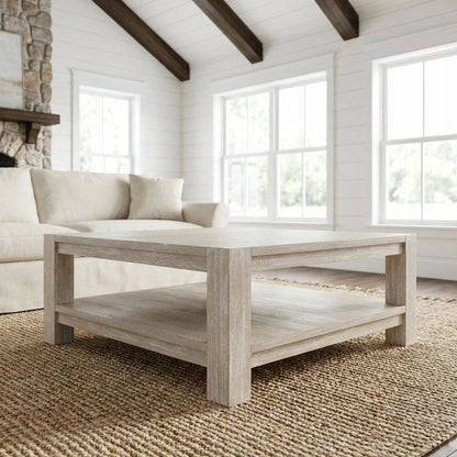 Gray Transitional Square Coffee Table, Solid Beed Wood Frame and Shelf Storage