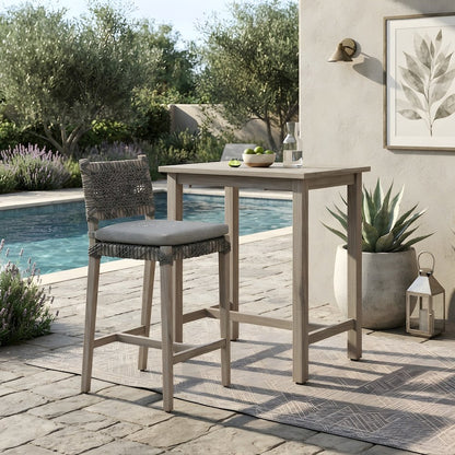 Solid Teak Rope-Woven Outdoor Counter Stool with Cushion, Gray Teak