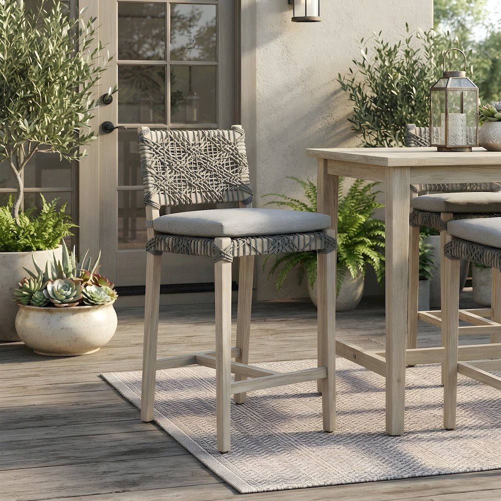 Solid Teak Rope-Woven Outdoor Counter Stool with Cushion, Gray Teak
