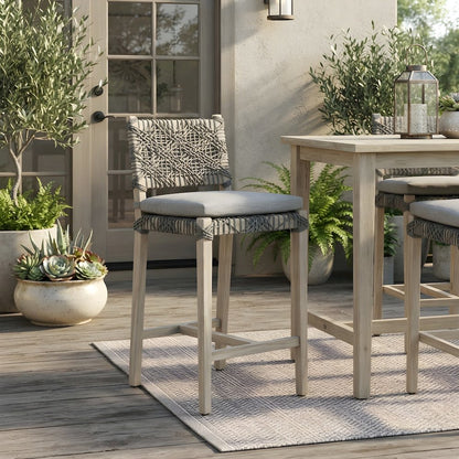 Solid Teak Rope-Woven Outdoor Counter Stool with Cushion, Gray Teak