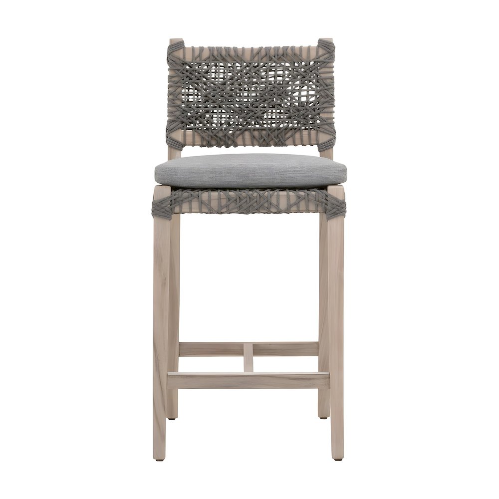 Solid Teak Rope-Woven Outdoor Counter Stool with Cushion, Gray Teak