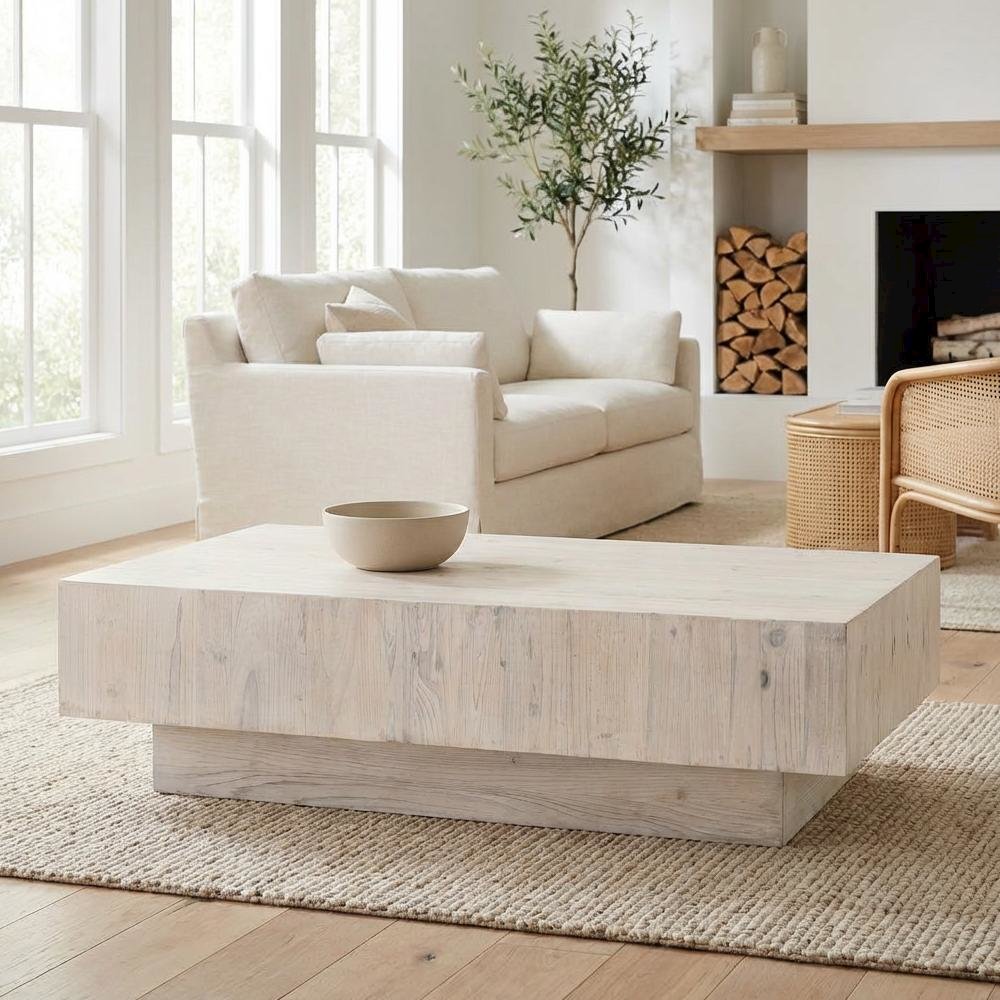 White Transitional Coffee Table Solid Reclaimed Pine Wood Durable Design