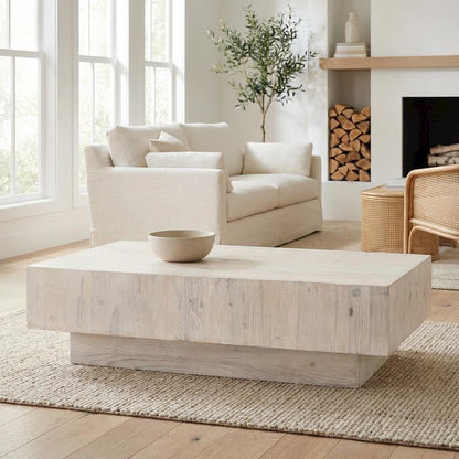 White Transitional Coffee Table Solid Reclaimed Pine Wood Durable Design