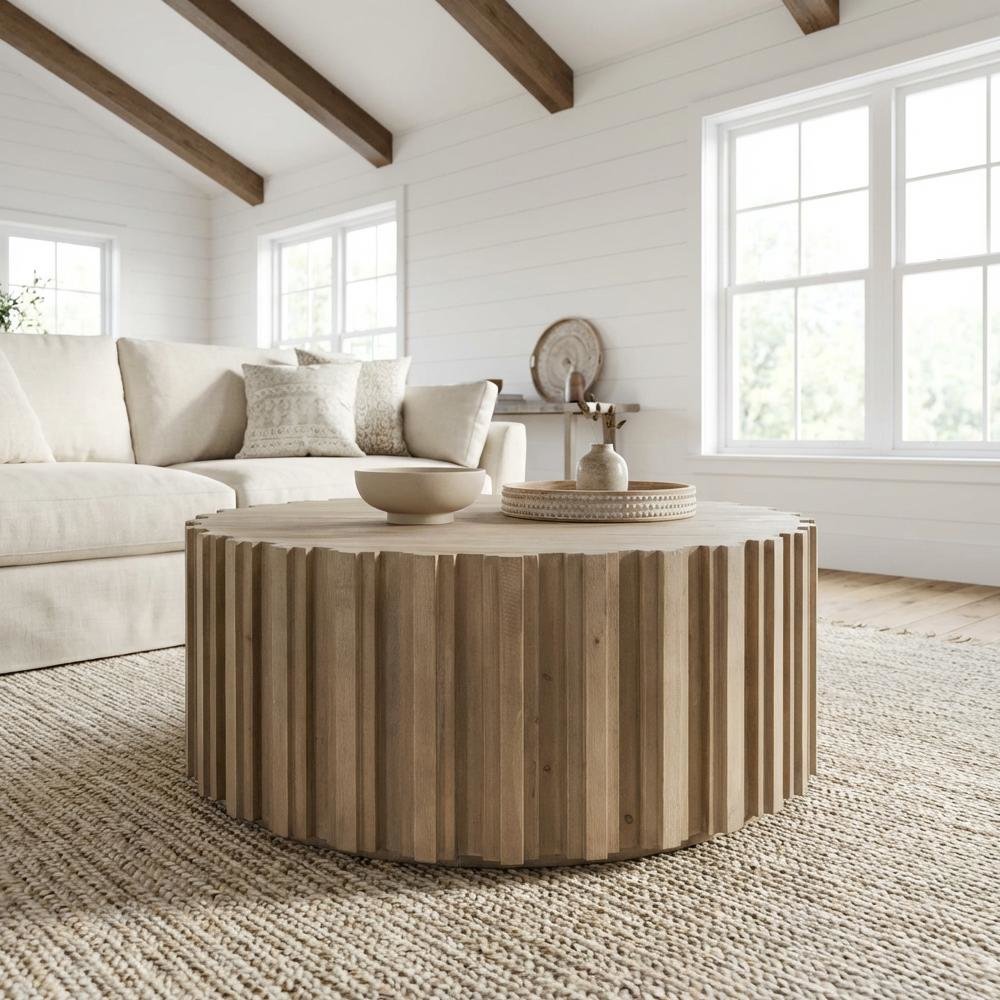 Gray Solid Reclaimed Pine Wood Coffee Table with Smoke Finish and Sturdy Frame