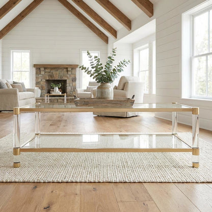 Gold Coffee Table with Steel PO Frame and Tempered Glass Top, Acrylic Accents