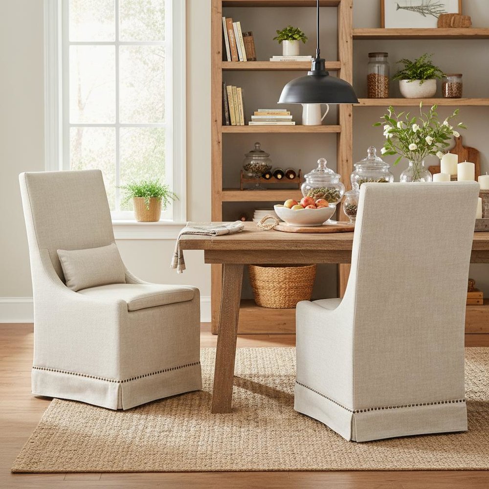 Beige Dining Chair 2-Piece Set, Stain-Resistant Fabric, Nailhead Trim