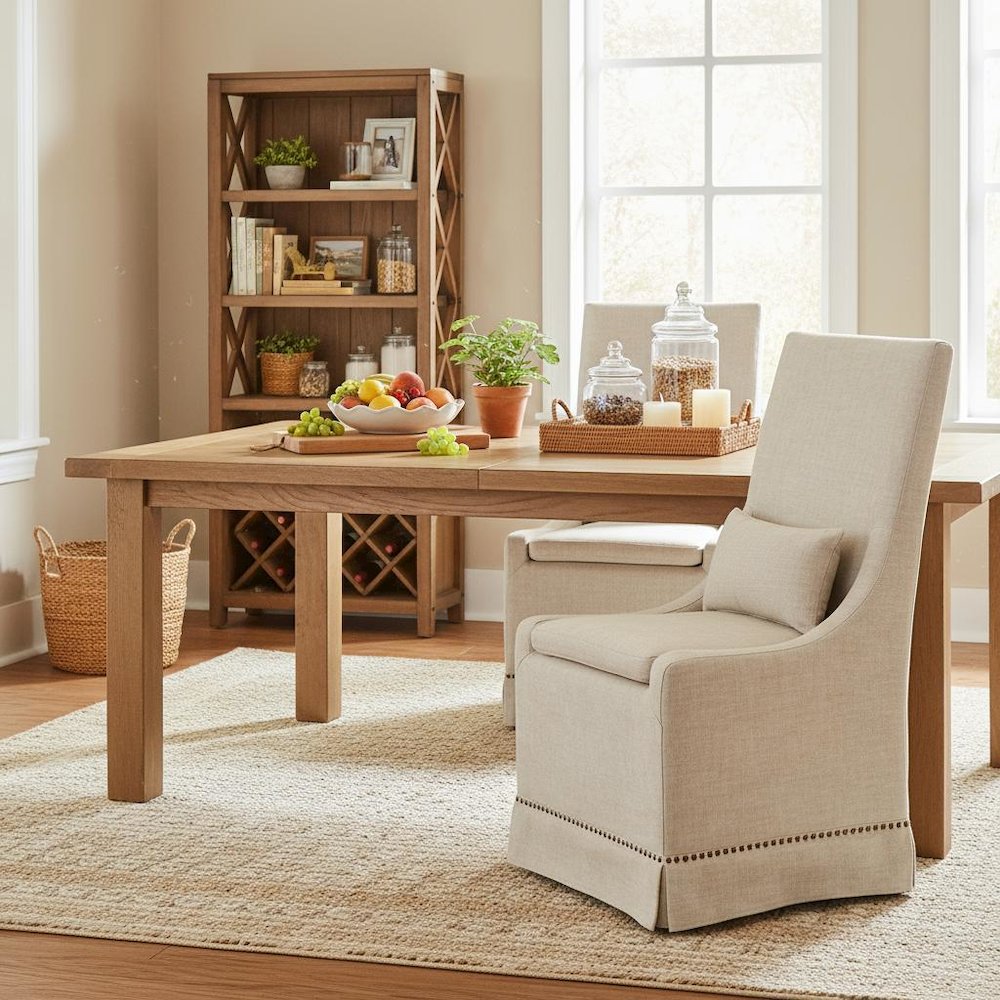 Beige Dining Chair 2-Piece Set, Stain-Resistant Fabric, Nailhead Trim