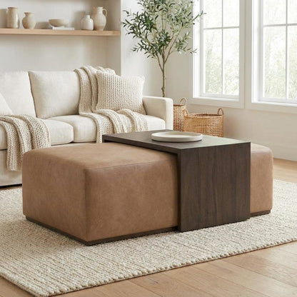 Brown Upholstered Coffee Table with Vegan Leather Top and Solid Wood Frame
