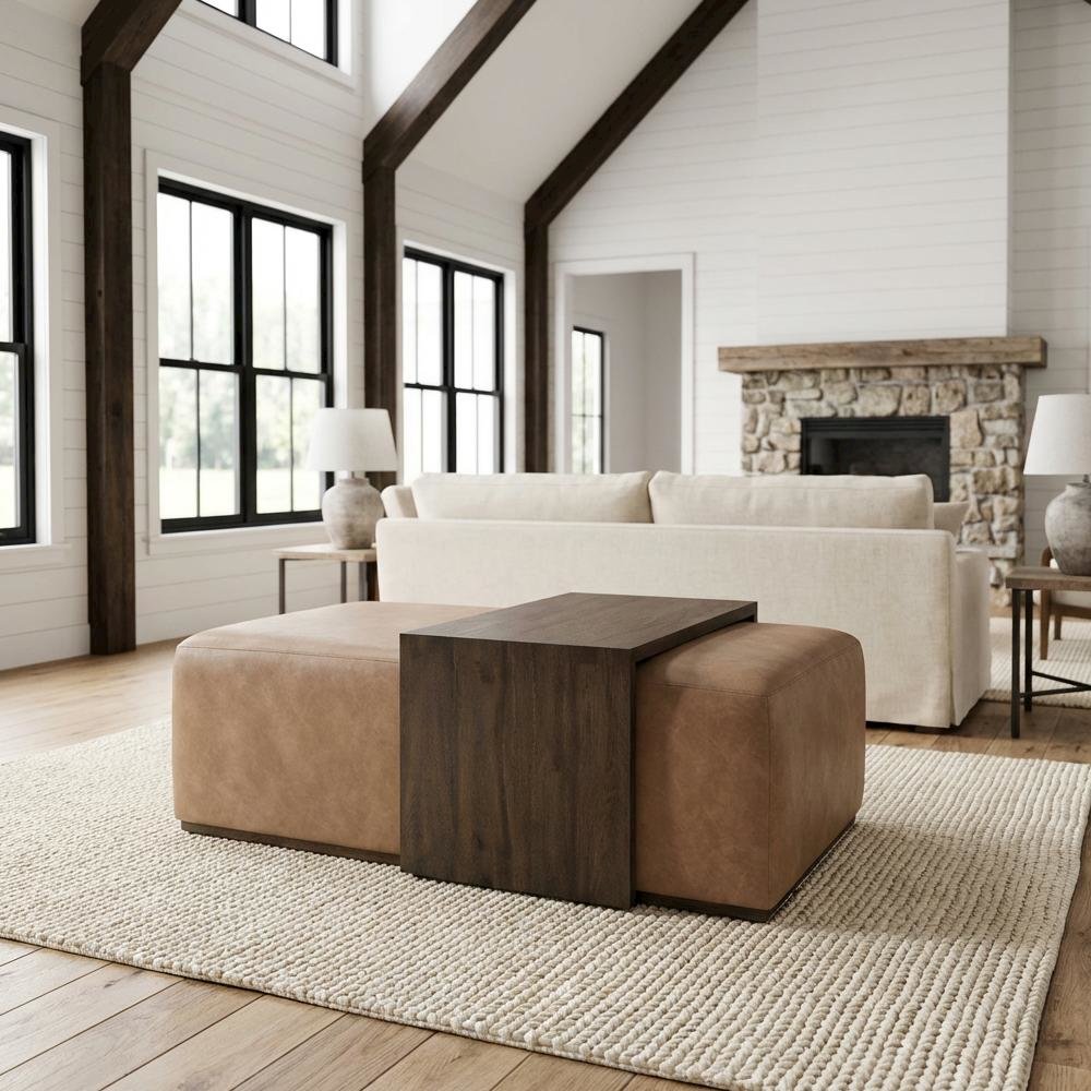 Brown Upholstered Coffee Table with Vegan Leather Top and Solid Wood Frame
