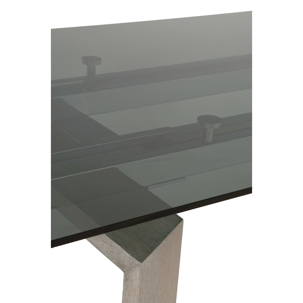 Gray Extension Dining Table, Ash Wood, Double Pedestal, Glass Top