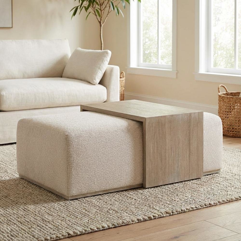 White Upholstered Coffee Table with Dovetail Design and Mixed Wood Frame