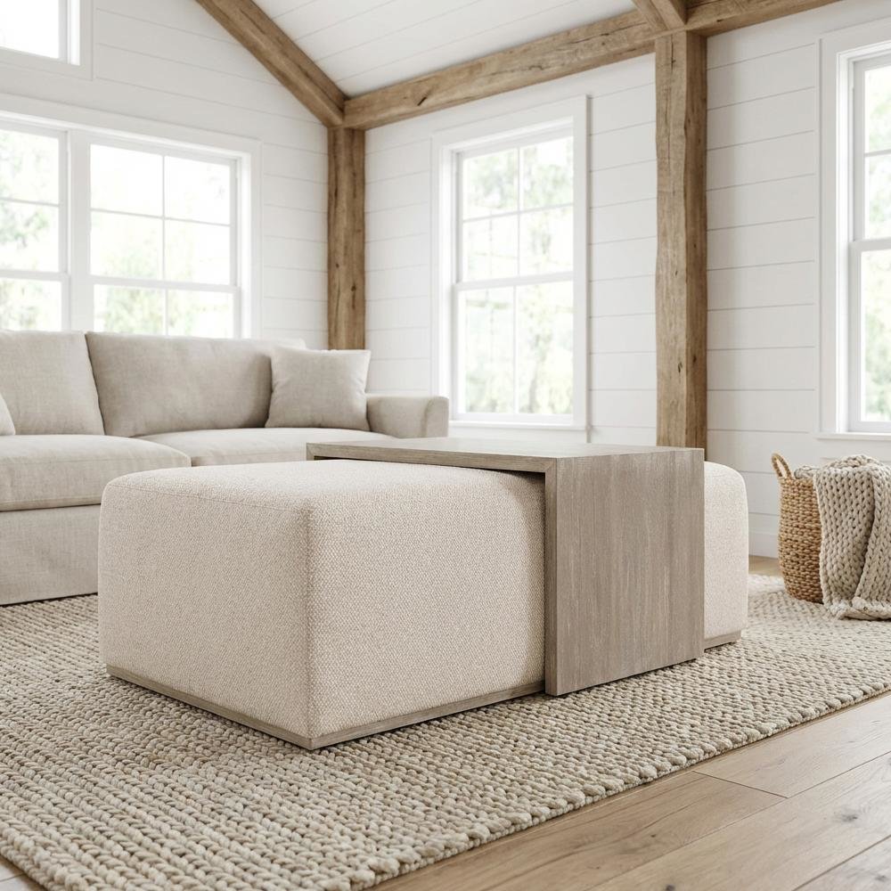 White Upholstered Coffee Table with Dovetail Design and Mixed Wood Frame