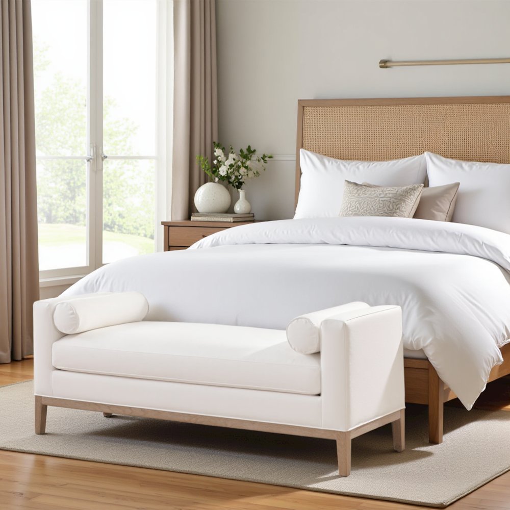 White Boucle Upholstered Bench for King Bed – Bedroom Bench