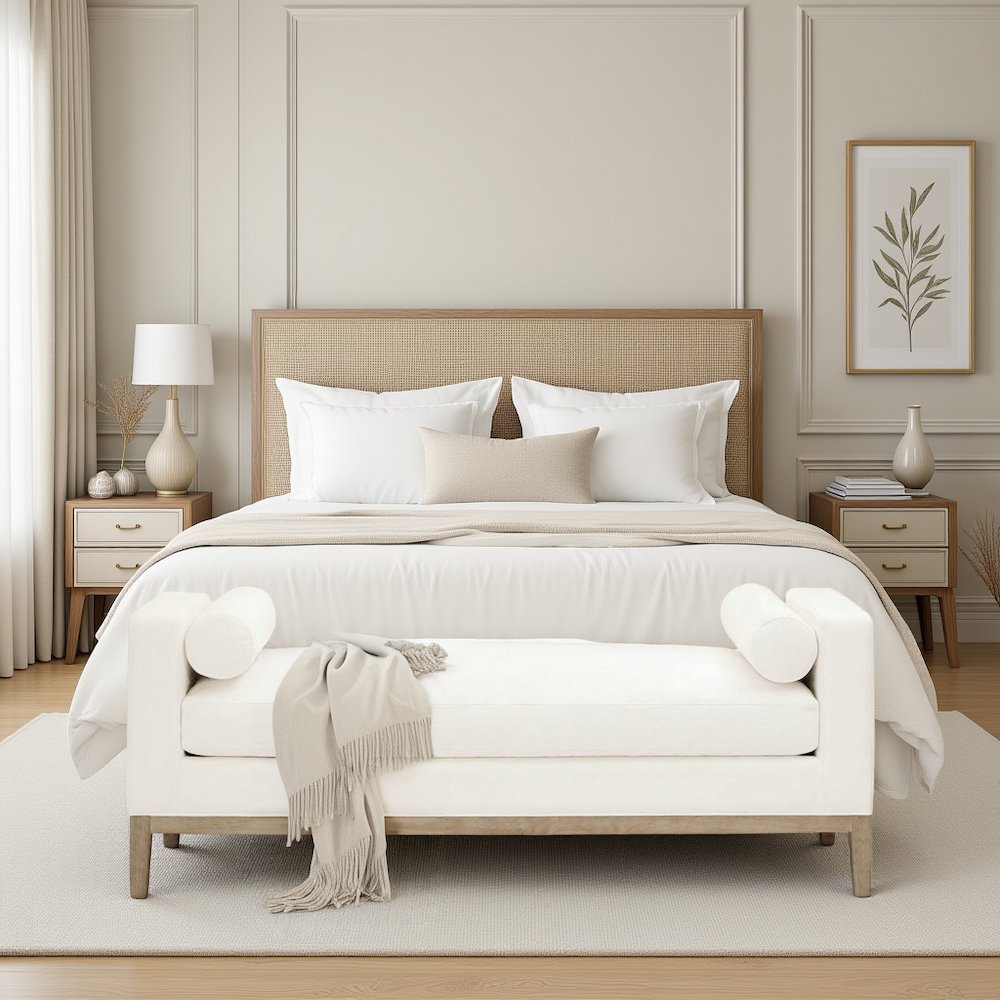 White Boucle Upholstered Bench for King Bed – Bedroom Bench