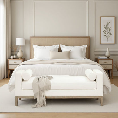 White Boucle Upholstered Bench for King Bed – Bedroom Bench