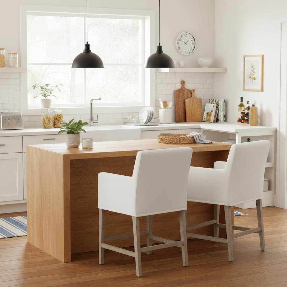 White Counter Stool, Solid Oak Base, Removable Slipcover