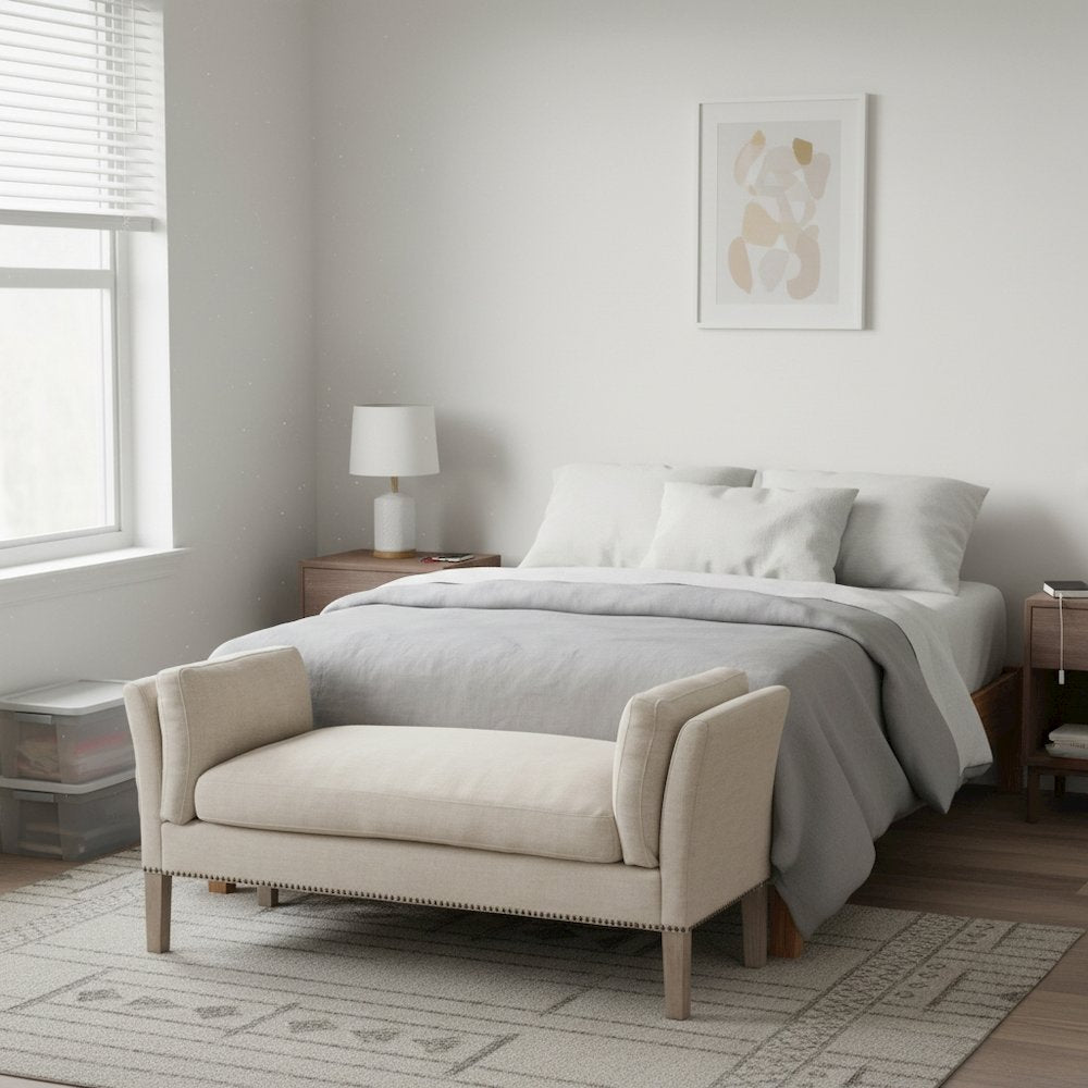 Beige Upholstered Bench, Solid Wood Legs, Stain-Resistant Fabric