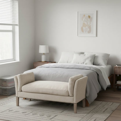 Beige Upholstered Bench, Solid Wood Legs, Stain-Resistant Fabric