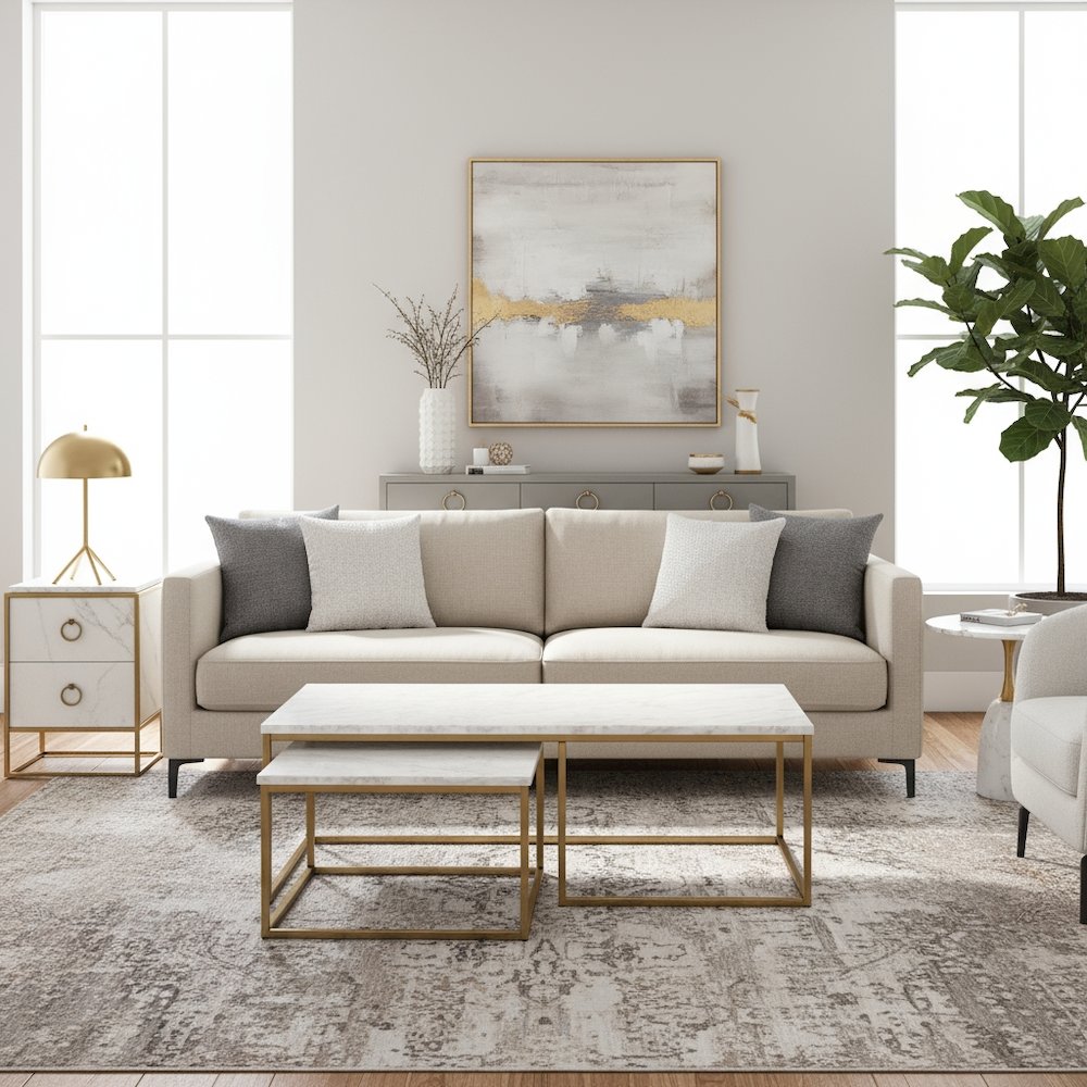 Nesting Coffee Table White, Two Pieces, Marble Veneer