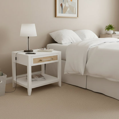 White Side Table with Drawer, Natural Rattan Inlay, Brass Hardware