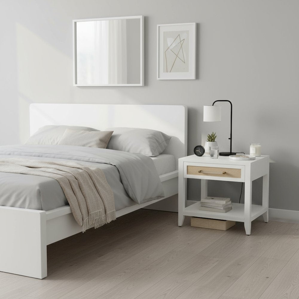 White Side Table with Drawer, Natural Rattan Inlay, Brass Hardware
