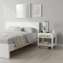 White Side Table with Drawer, Natural Rattan Inlay, Brass Hardware