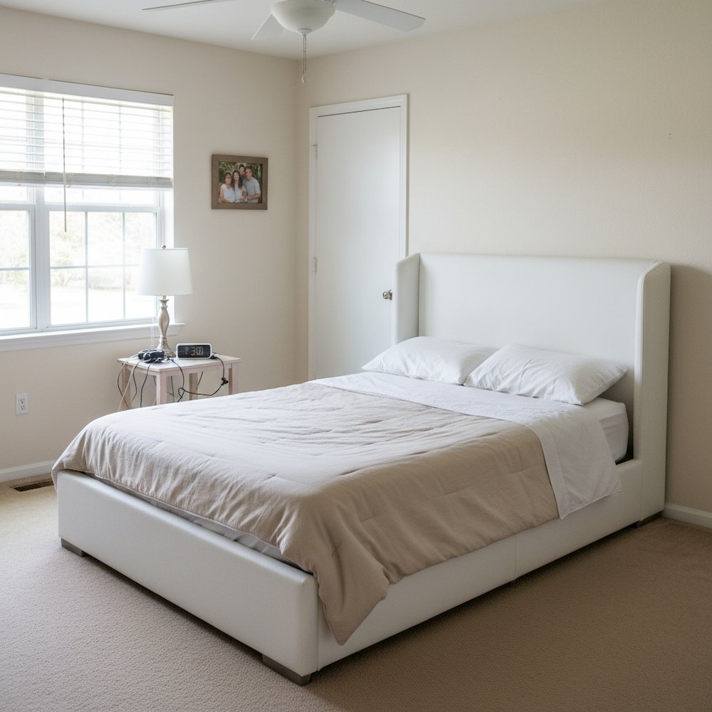 White Standard King Bed, Slanted Wing Headboard, Solid Oak Legs