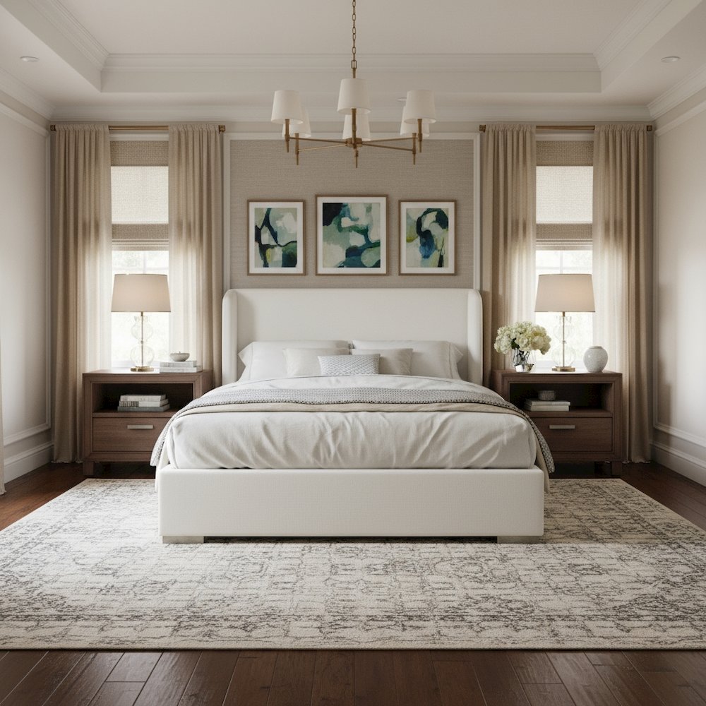 White Standard King Bed, Slanted Wing Headboard, Solid Oak Legs