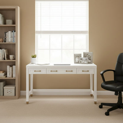 White Storage Desk with 3 Drawers, Brushed Brass Hardware, Metal Glides