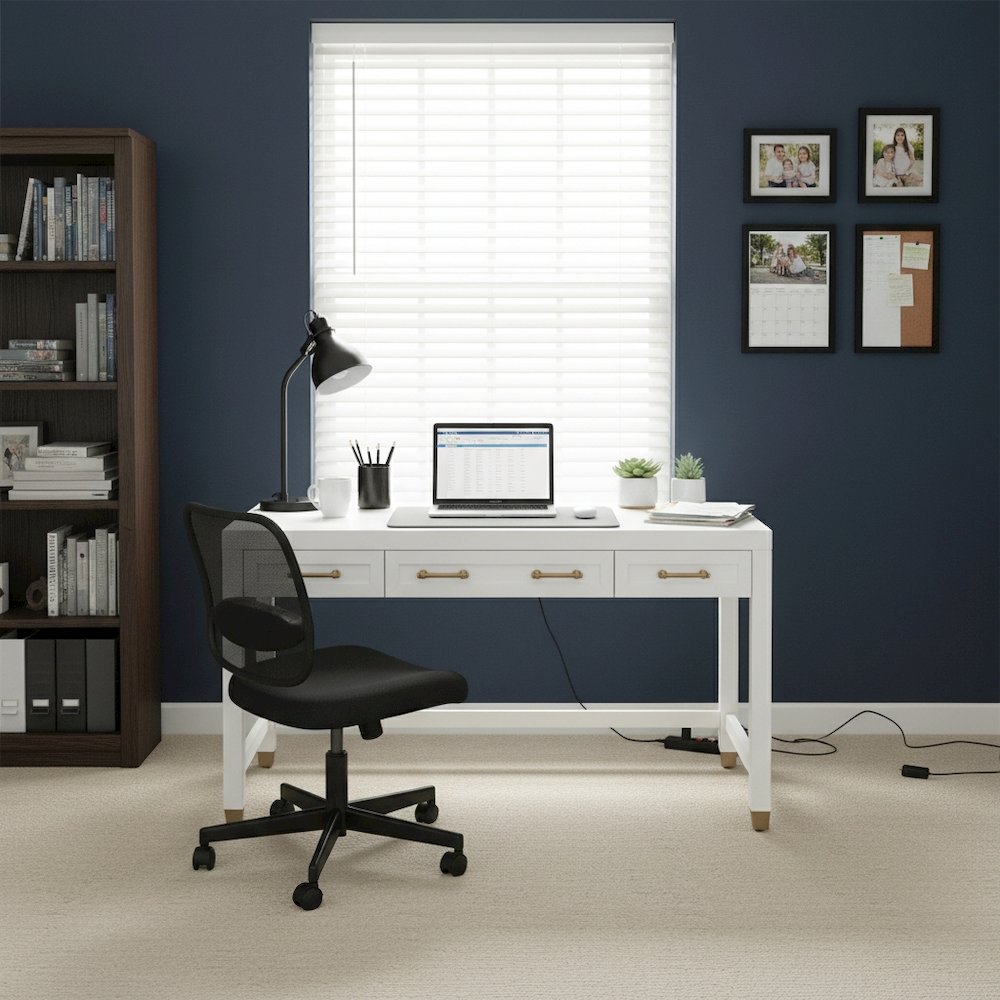 White Storage Desk with 3 Drawers, Brushed Brass Hardware, Metal Glides