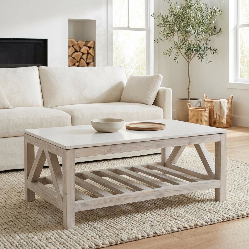 White Solid Pine Wood Coffee Table with Solid Quartz Top and Open Shelf