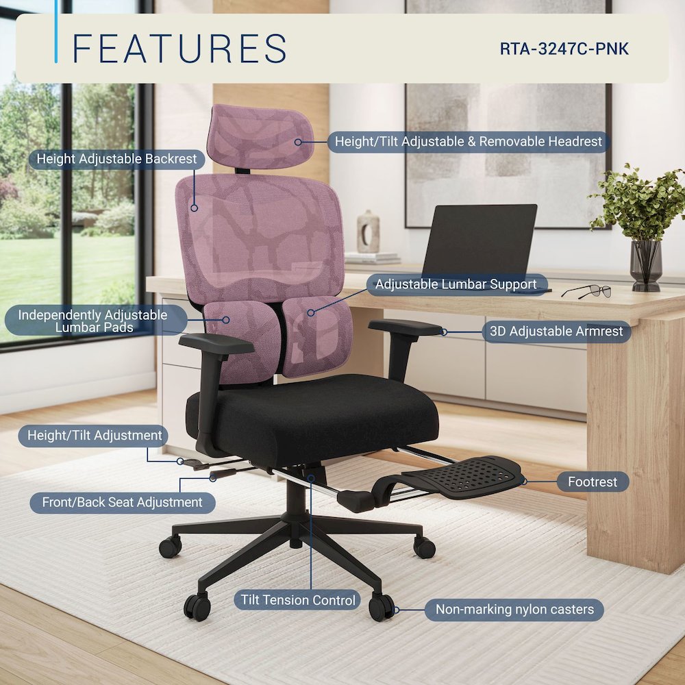 Office Chair with 9 Adjustable Points, Dual-Pad Lumbar Support, 3D Armrests