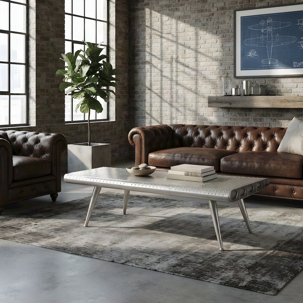 Silver Aviation Coffee Table, Airplane Desk with Iron and Wood Solids
