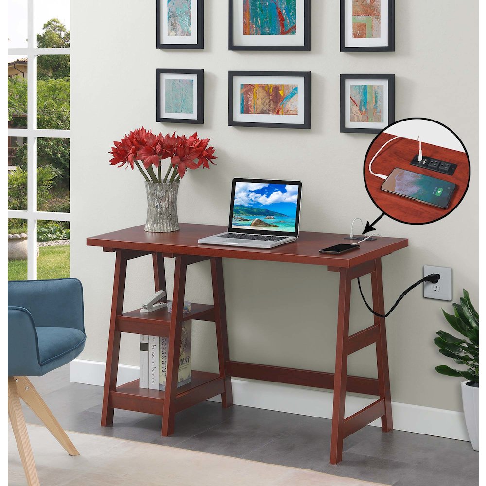 Designs2Go Trestle Desk with Charging Station, Cherry