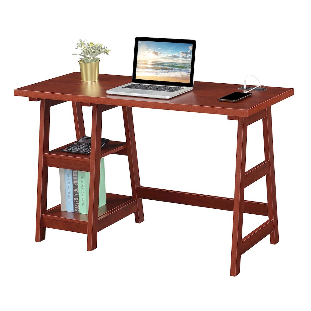 Designs2Go Trestle Desk with Charging Station, Cherry