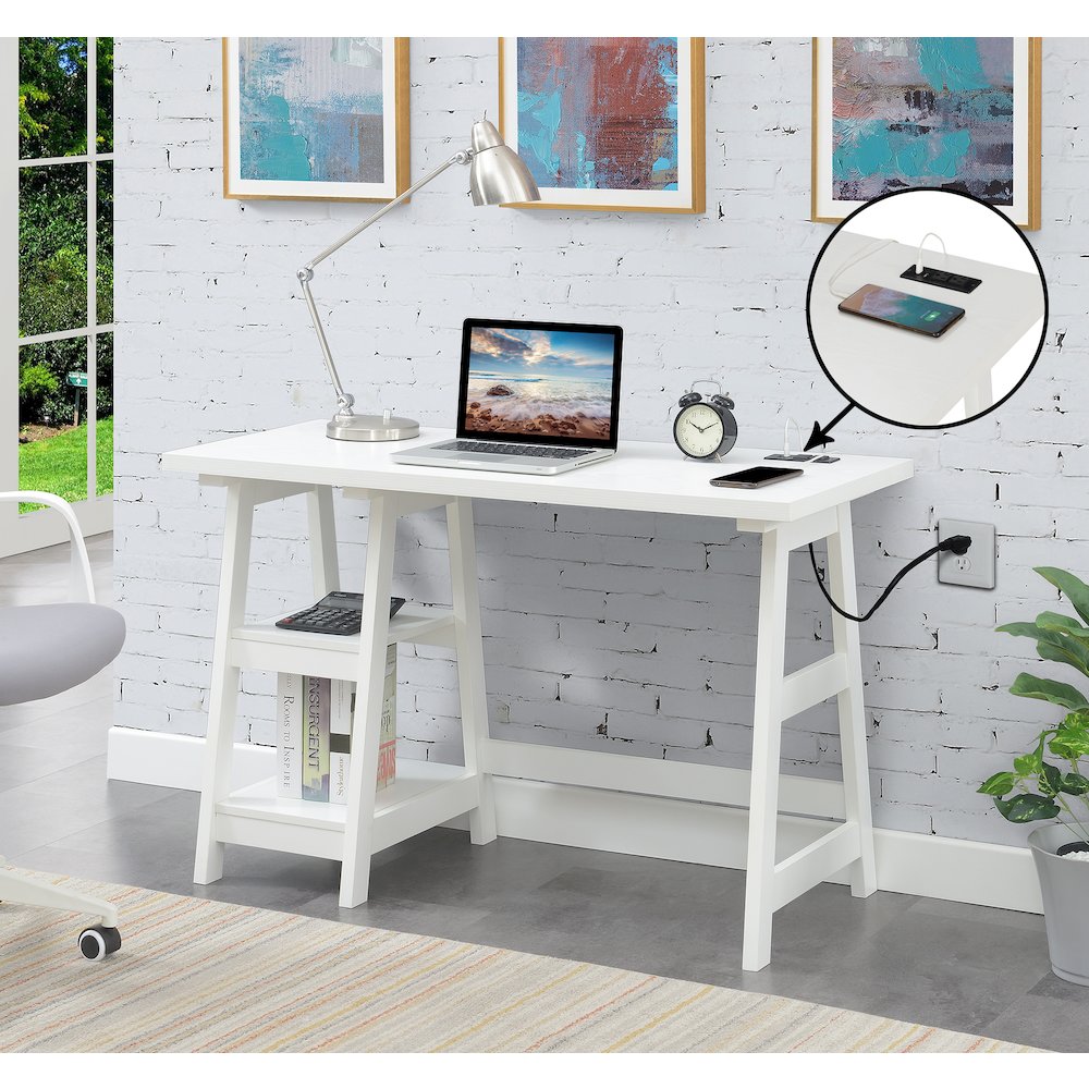 Designs2Go Trestle Desk with Charging Station, White
