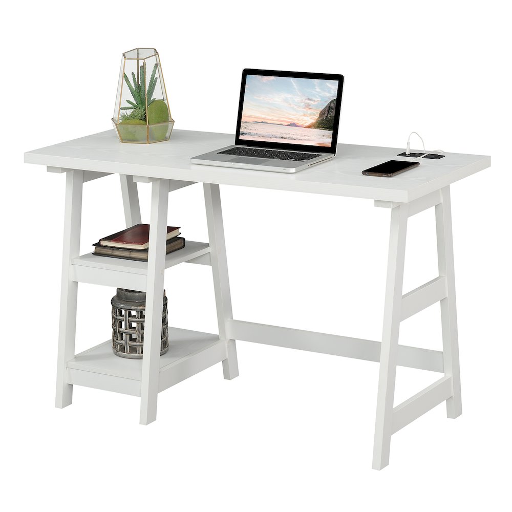 Designs2Go Trestle Desk with Charging Station, White