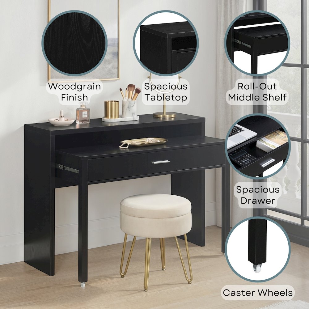 Newport JB Console/Sliding Desk with Drawer and Riser, Black