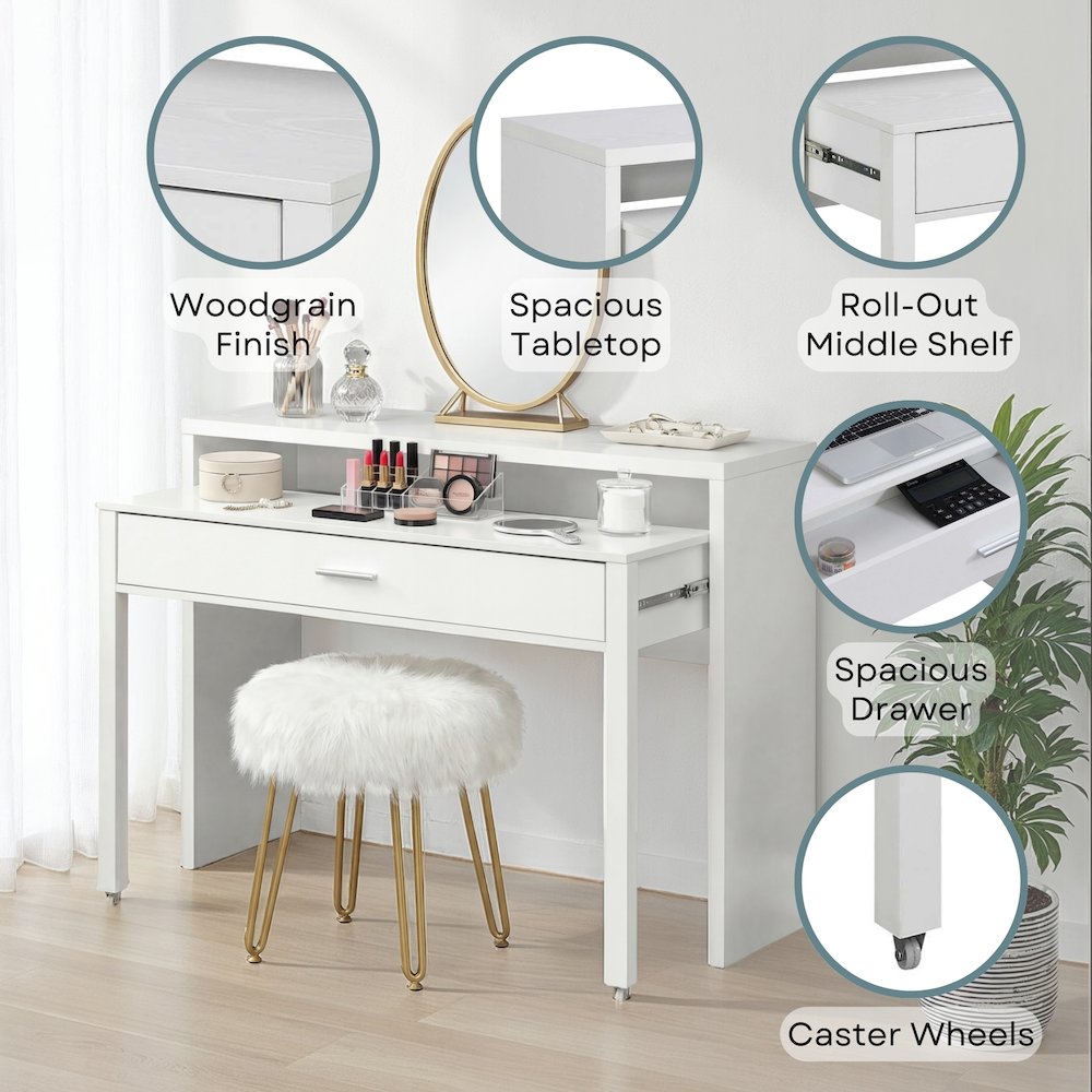Newport JB Console/Sliding Desk with Drawer and Riser, White