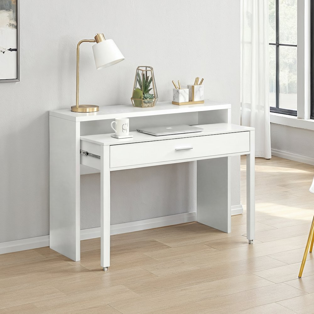Newport JB Console/Sliding Desk with Drawer and Riser, White