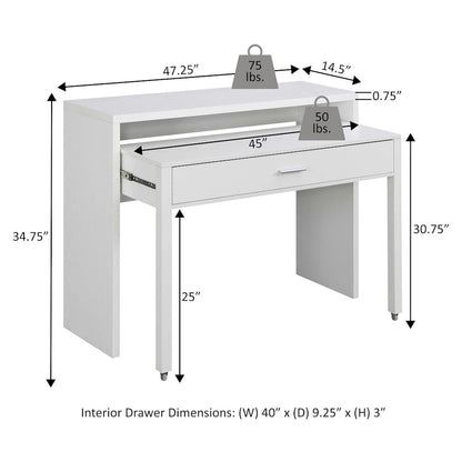 Newport JB Console/Sliding Desk with Drawer and Riser, White