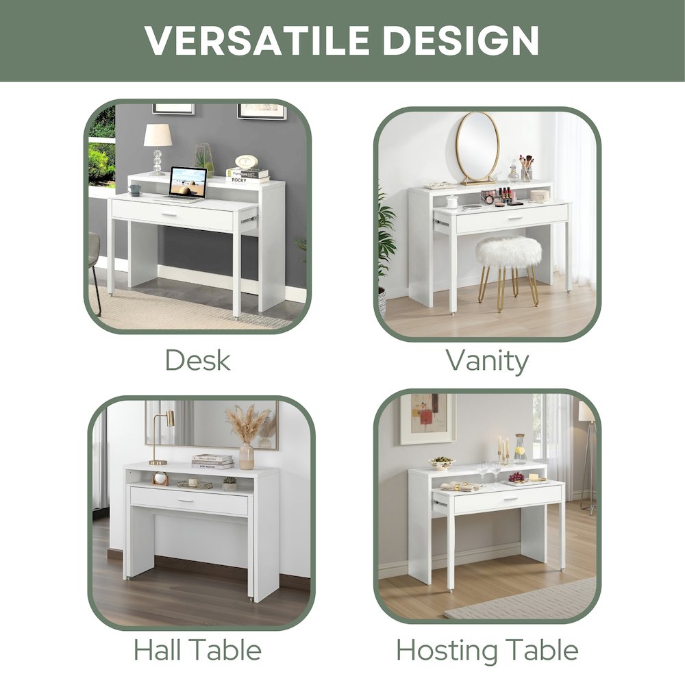 Newport JB Console/Sliding Desk with Drawer and Riser, White