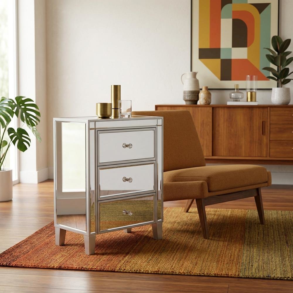 Large mirrored end table with 3 drawers, modern bedroom or living room accent