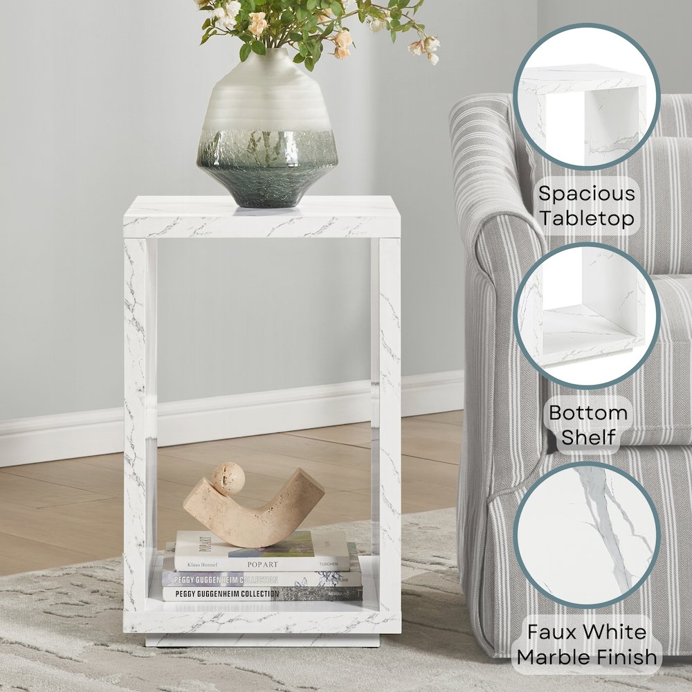 Northfield Admiral End Table with Shelf, White Faux Marble